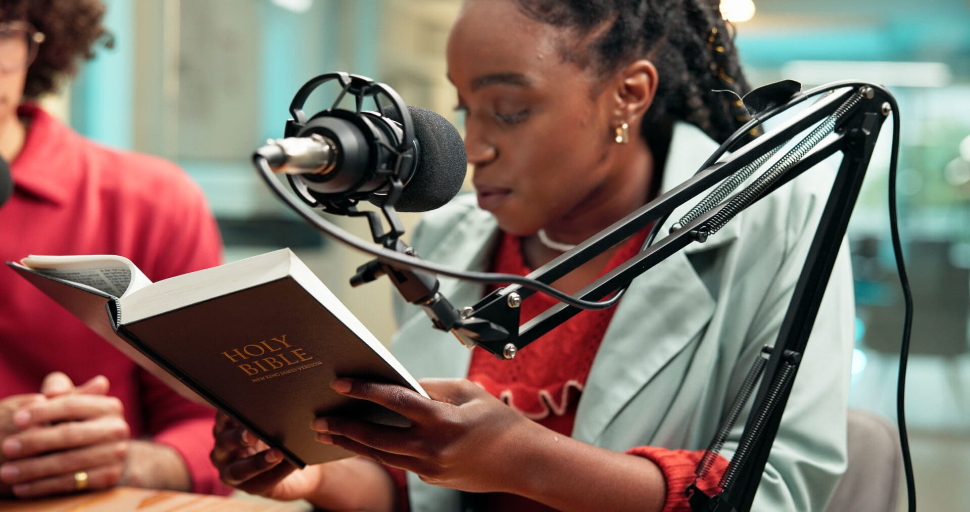 Reading scripture in recording studio
